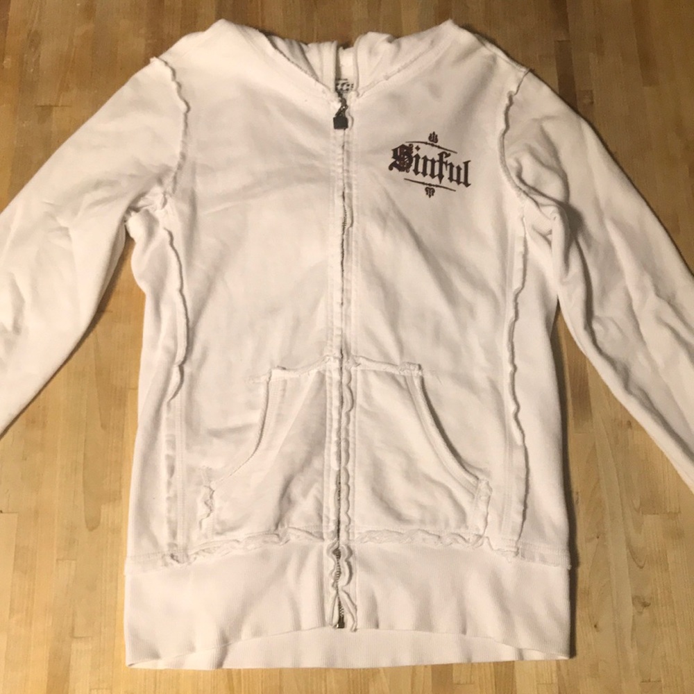 Sinful White Hooded Zip Up Jacket with rhinestones